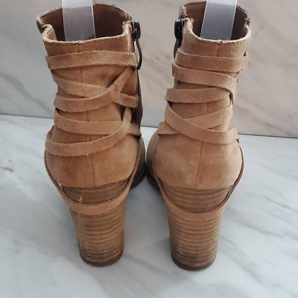 Franco Fortini Carly Tan Suede Braid Lace Back Wooden Block Heel Ankle Booties S - Picture 4 of 8
